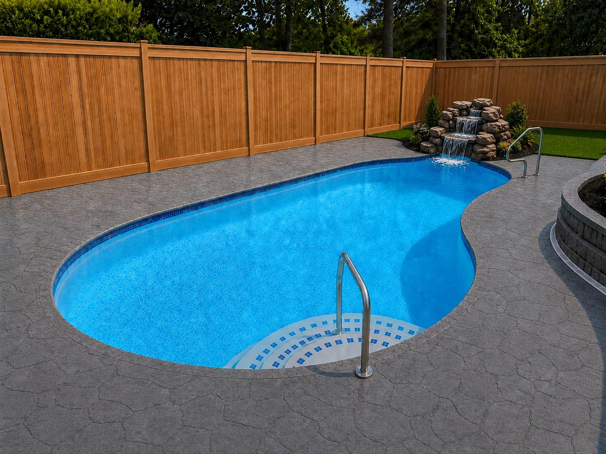 Design rendering of the renovated pool with stamped concrete deck, cedar privacy fence, and rock waterfall