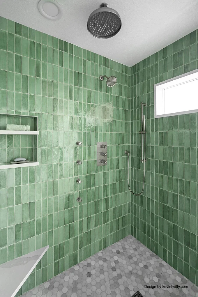 Green vertical-stack tile shower with rainfall head