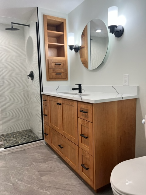 Wood vanity bath with walk-in