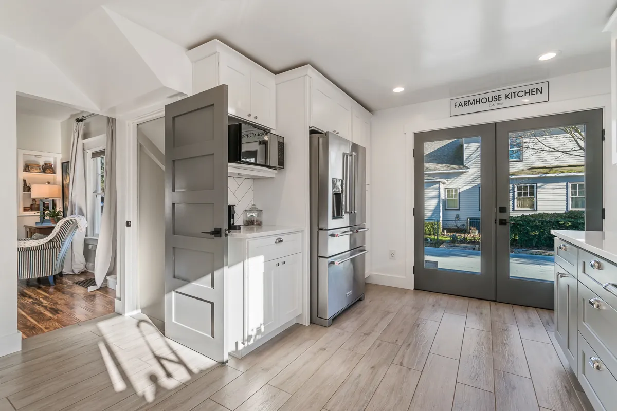 Bright farmhouse kitchen with French doors