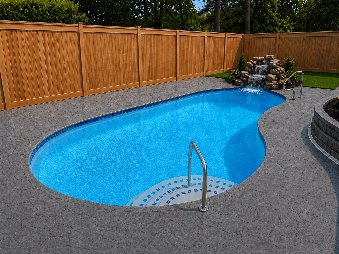 Design rendering of the renovated pool showing stamped concrete deck, cedar fence, and rock waterfall