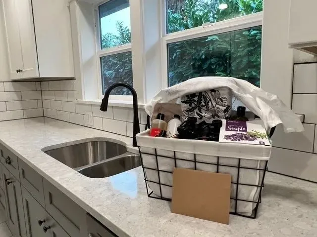 Kitchen sink detail with undermount stainless basin and black bridge faucet