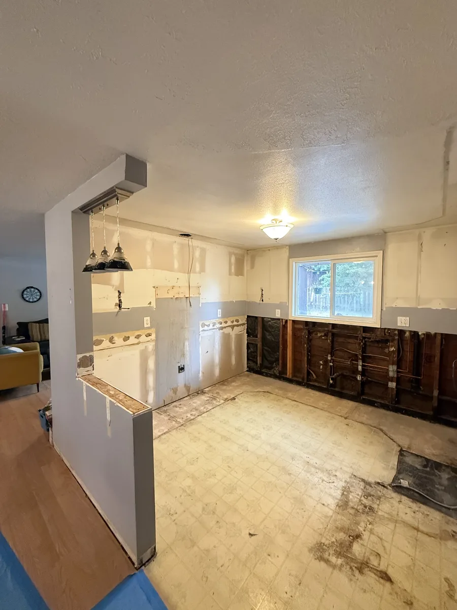 Kitchen stripped to the framing with the subfloor exposed
