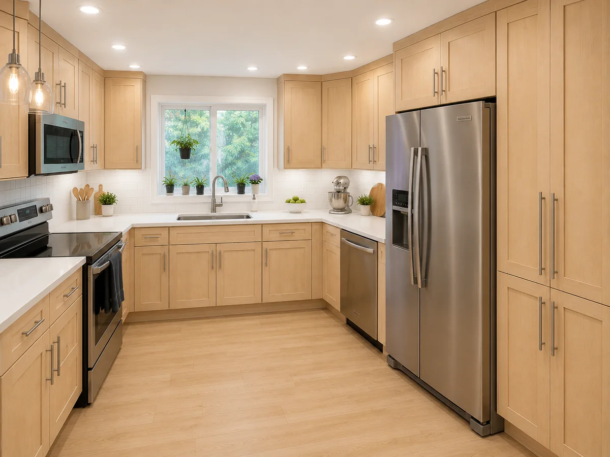 Design rendering of the maple kitchen with quartz counters and a white tile backsplash